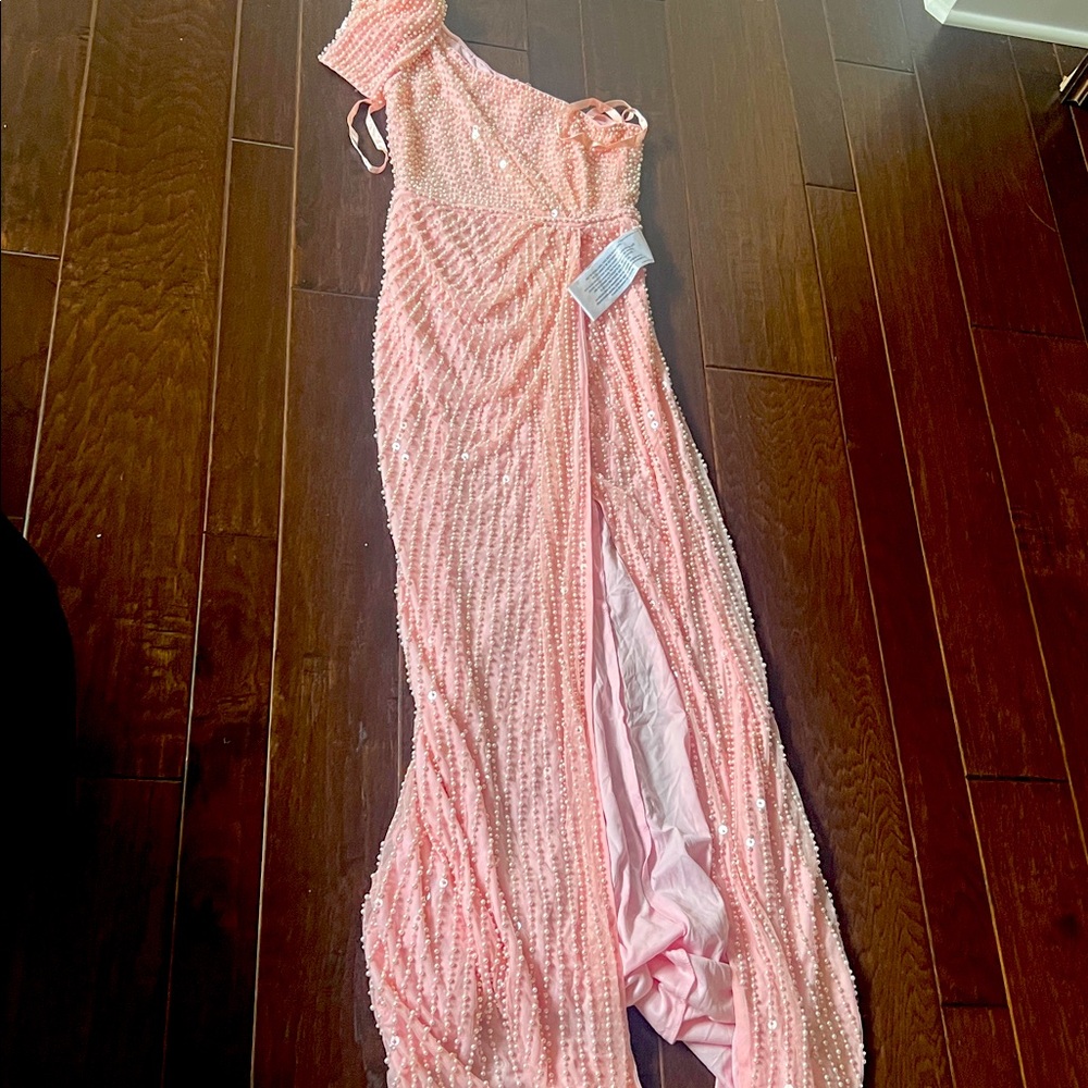 MAC DUGGAL Dress Size 2 Evening Gown Pearl Beaded Pink One Shoulder NEW